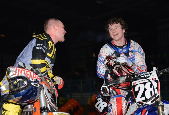 Dusty and Spenny share a laugh after Dusty chased him around throughout Saturday's Lites main but couldn't find a way by. It was Spenny's one win on the weekend. The two trained together in California so they know each other pretty well.