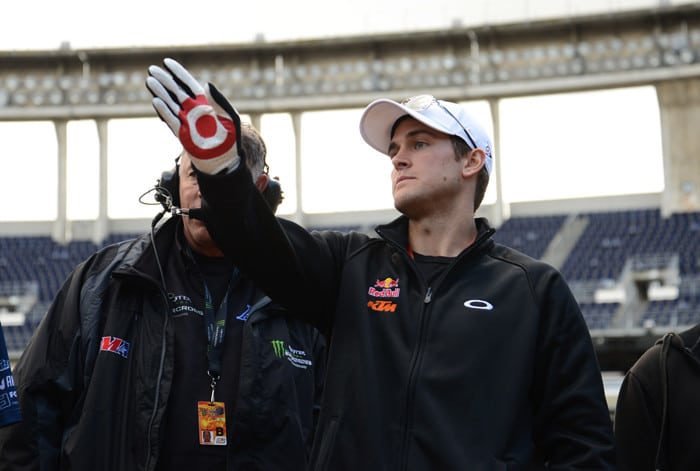 Ryan Dungey indicates the direction he will take off this particular jump...basically 'Up, up, and away'