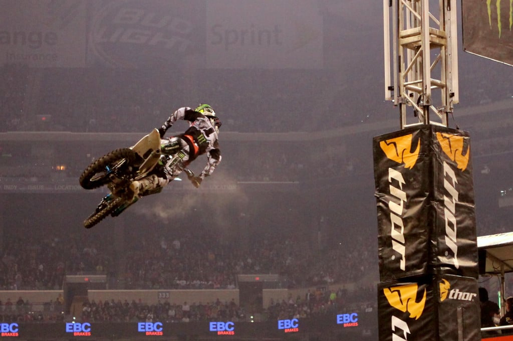 Villopoto had a clean ride in Heat #1, despite having a coolant leak that could have potentially changed things for him. He is seen here doing a fine whip after taking the checkered flag.