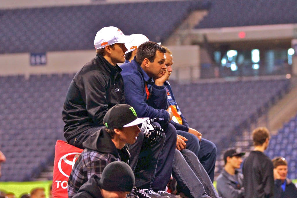 Almost everywhere you look, there are always constant reminders that this sport is all about family. Here we see Ryan Dungey and his older brother Jade during the riders meeting. Jade Dungey is also one of the members of the Red Bull KTM Team as one of their chief mechanics. (Trivia note, if you watch the KTM version of the Harlem Shake Video it is Jade that you see kissing the stand-up poster of his brother Ryan)
