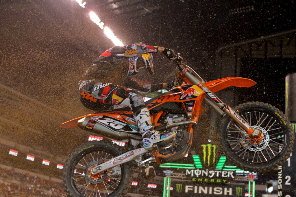 Like every track this season, Indy also had a sand section to add a bit of dynamic to the overall track layout. In this case, the sand came just after a wall-jump, which created quite a few moments like the one seen here. Marvin Musquin wasn't the only rider to get a face full of roost at this spot however I am sure he wasn't thrilled to be on the receiving end.